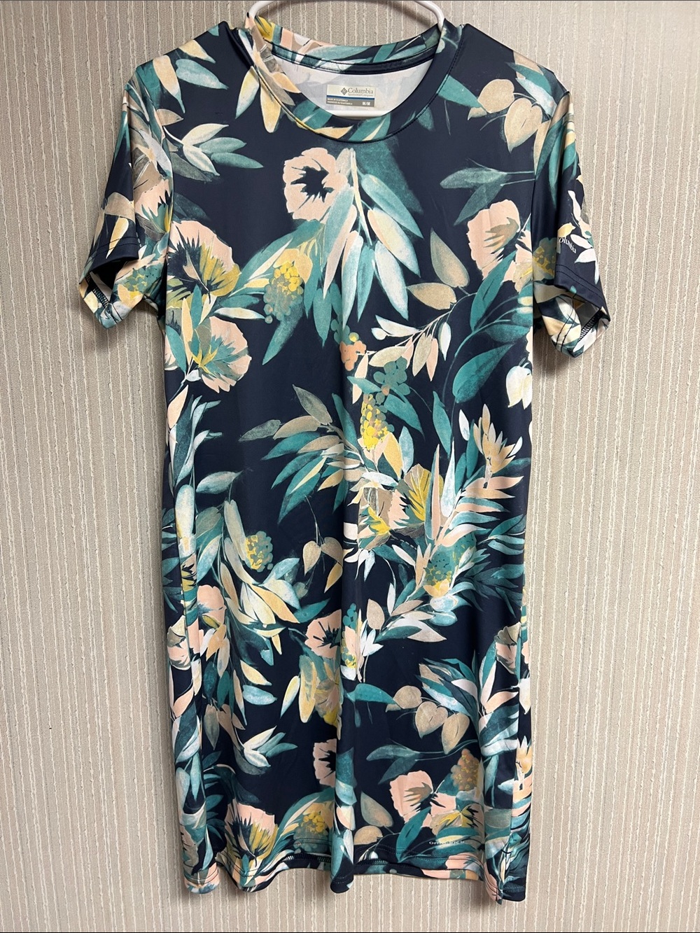 M Columbia Omni wick Navy Floral Tee Dress with Teal & Peach Accents